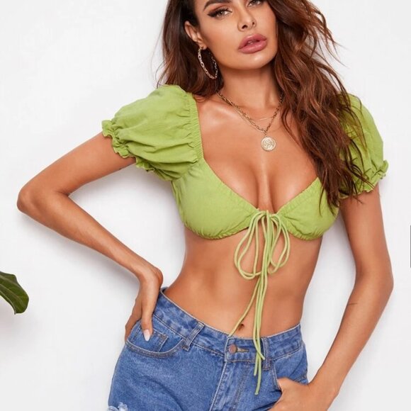 Green Tie Front Crop Milkmaid Fairy Top - Picture 4 of 5